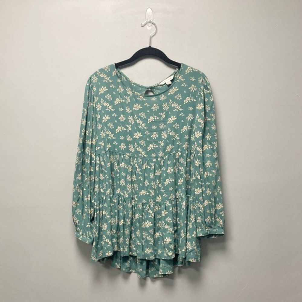 American Eagle Teal Floral Tiered Babydoll‎ Top Open Back Long Sleeve 2364-300 M